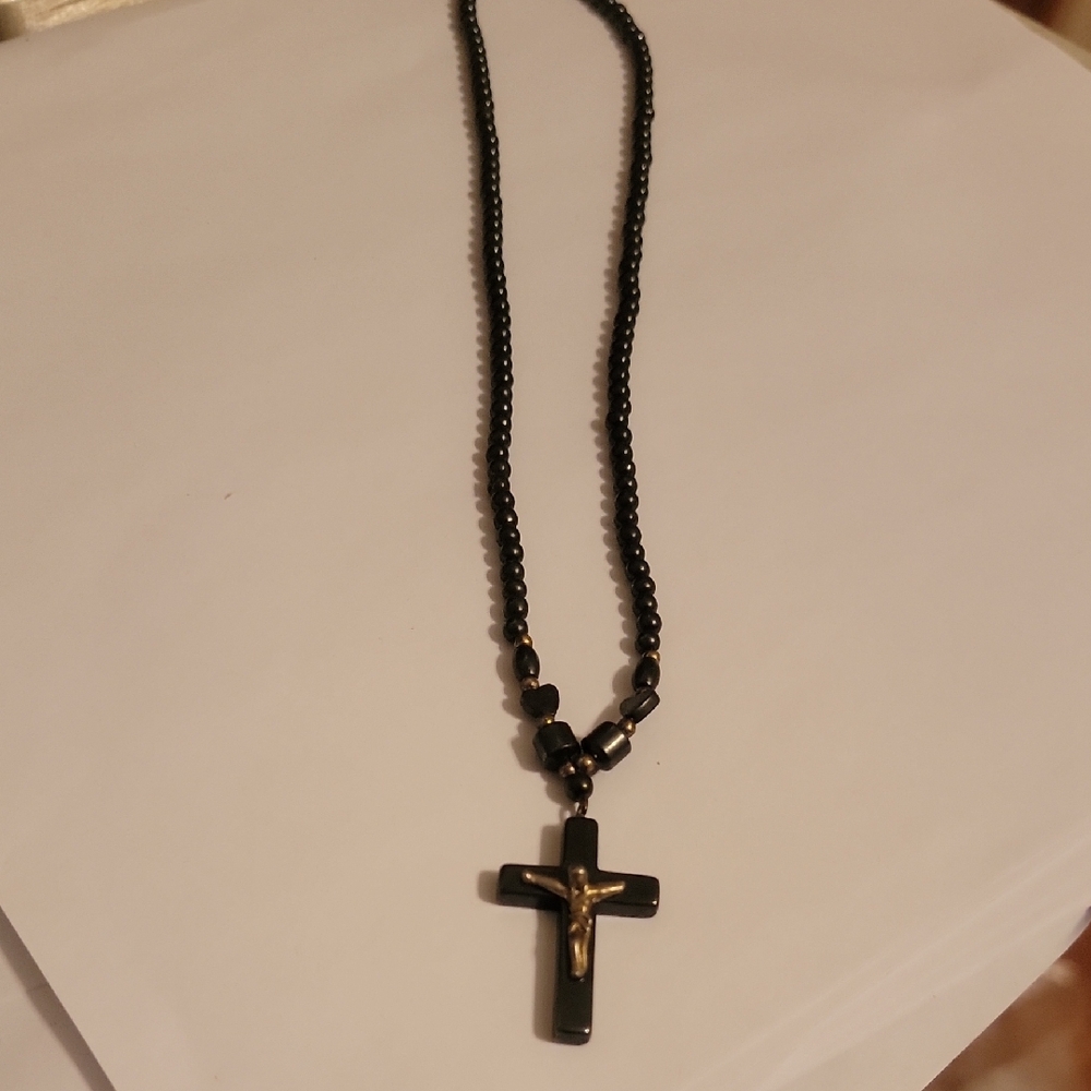 Men's Black Beaded Necklace with Cross Pendant